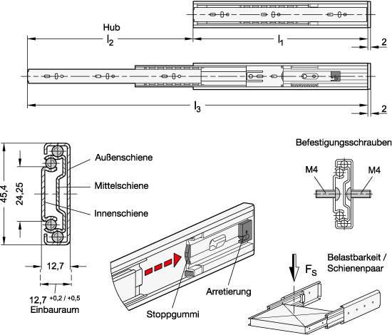 TELESKOPSCHIENENPAAR, VOLLAUSZUG, GED. SELBSTEINZ.