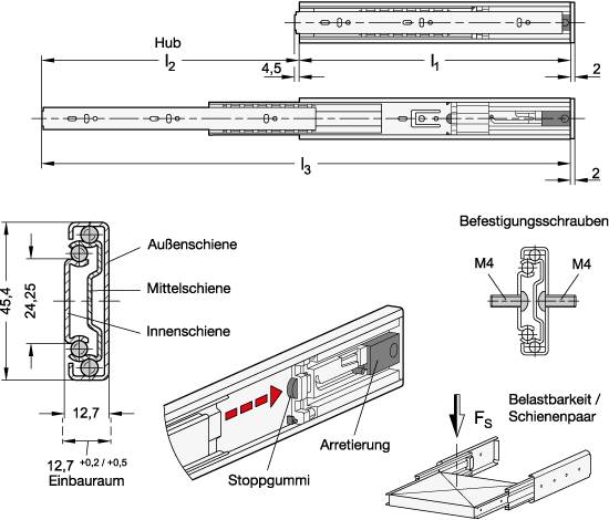 Teleskopschiene 650 mm mit Vollauszug und „Push to Open“, Fo