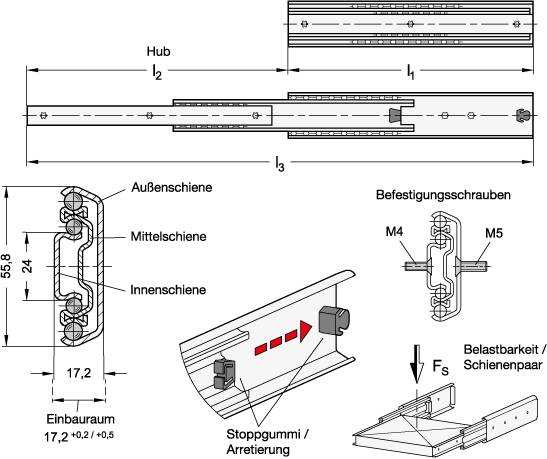 Teleskopschiene 600 mm Vollauszug, E - mit Stoppgummi, Arret
