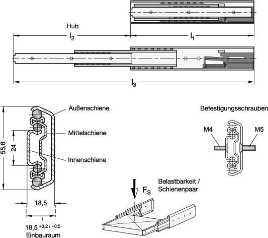 TELESKOPSCHIENENPAAR, VOLLAUSZUG, GED. SELBSTEINZ.