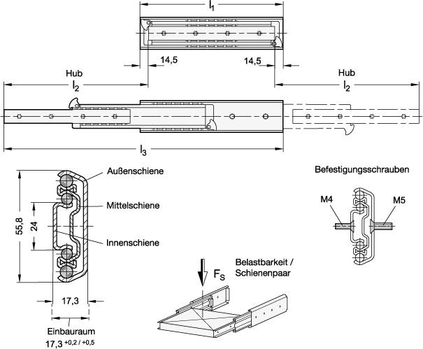 Teleskopschienen 500 mm mit beidseitigem Vollauszug, Form B
