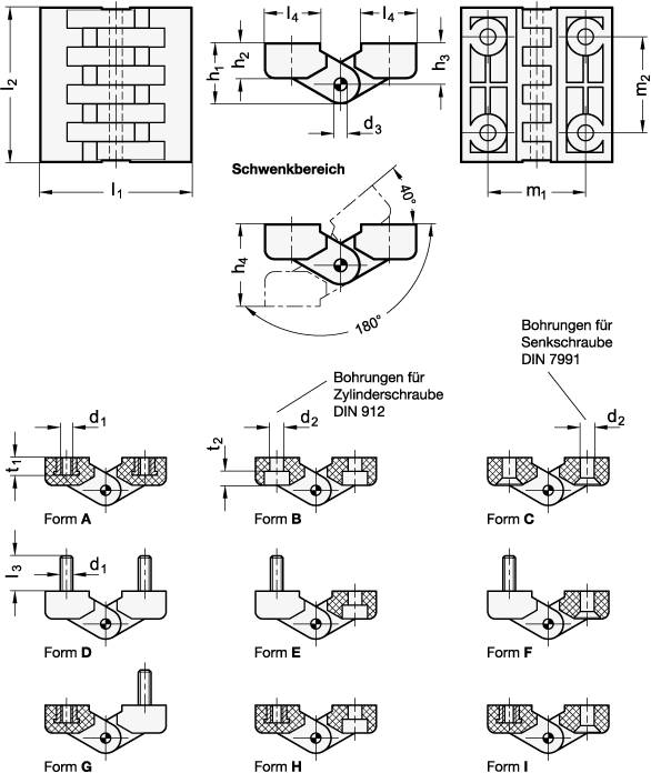 SCHARNIER, 2x2 GEWINDE-SACKLOCH