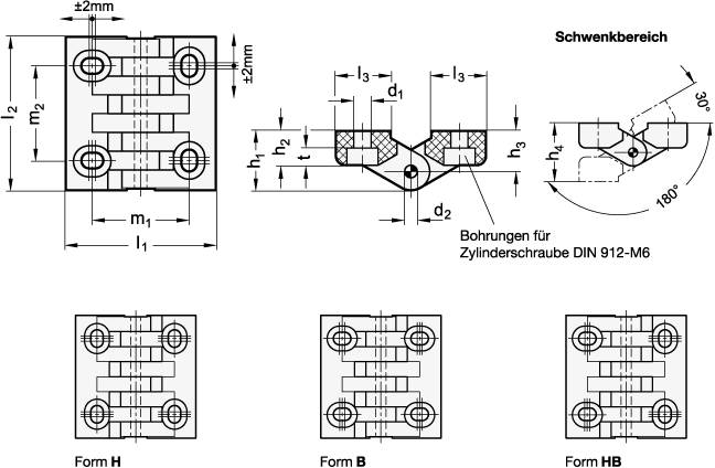 Scharnier 64 x 65, Form - H - in der Höhe justierbar, Kunsts