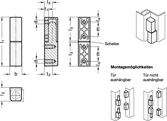 Scharnier 15 x 63 mm, aushängbar, Zink-Druckguss, schwarz