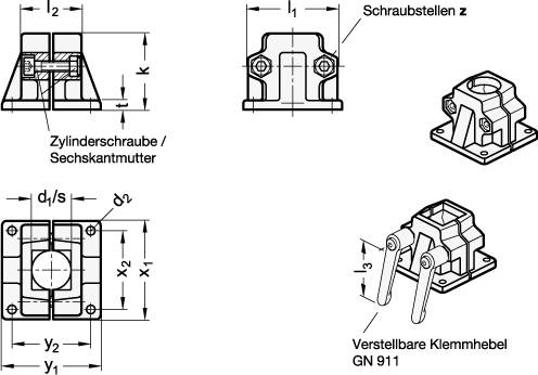 Fuß-Klemmverbinder V40, mit 2 Edelstahlschrauben, blank