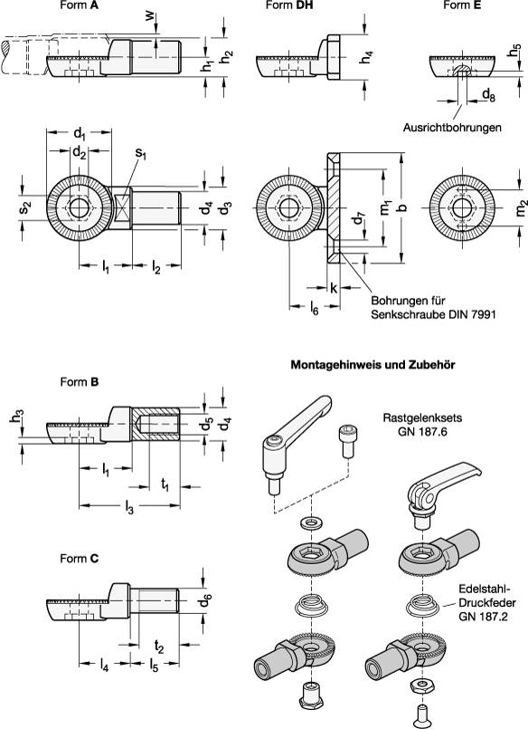 Edelstahl-Rastköpfe 27, z=48, Form DH - Anbauflansch, horizo