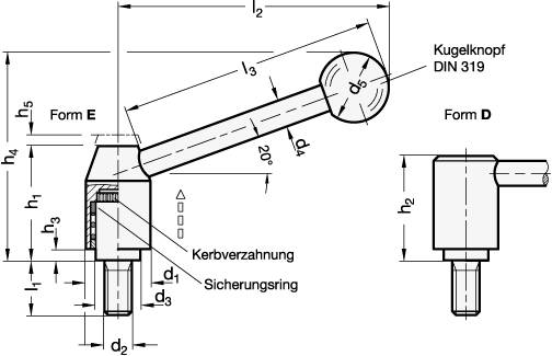 Verstellbarer Spannhebel 24, M12 x 25 mit Außengewinde, Form