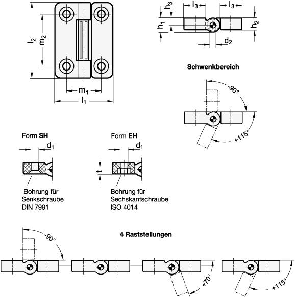 Scharnier 50 x 65, Form SH - 2x2 Bohrungen für Senkschrauben