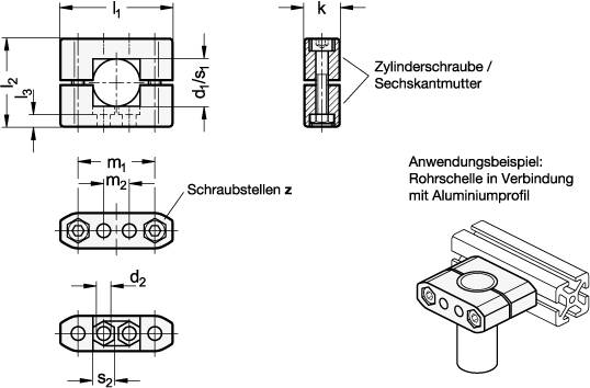 Rohrschelle V40, mit 2 Edelstahl-Zylinderschrauben, schwarz