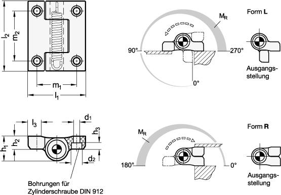 Scharnier 55 x 67, mit Federrückstellung, Form R - Federrück