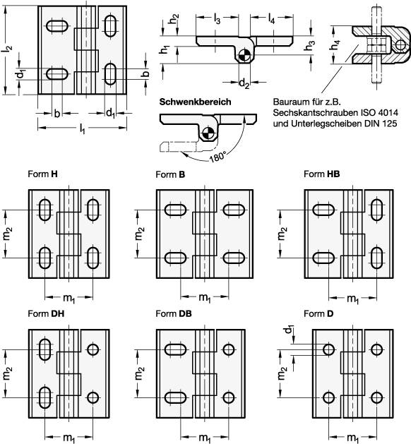 Scharnier 50 x 45, Form B - in der Breite justierbar, GS - m