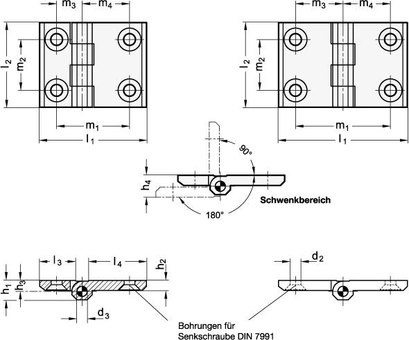 Scharnier 63 x 50 mm, Form A 2x2 Bohrungen für Senkschrauben