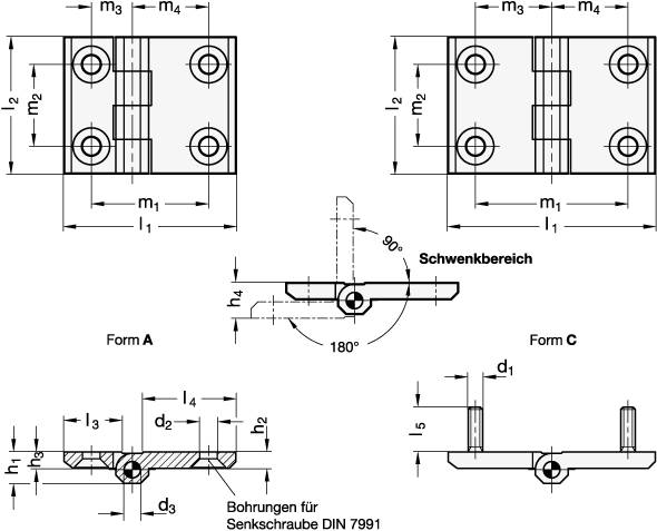 Scharnier 90 x 60 mm,m. verlängertem Flügeln,2x2 Bohrungen f