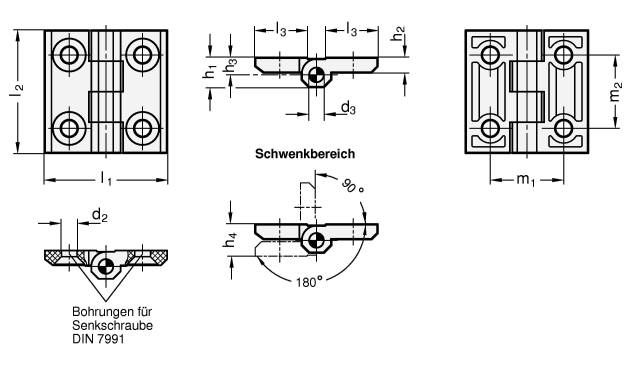 Scharnier 30 x 30 mm, 2x2 Bohrungen für Senkschrauben, Polya