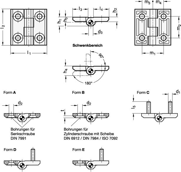 Scharniere 60 x 60, Form A - 2x2 Bohrungen für Senkschrauben