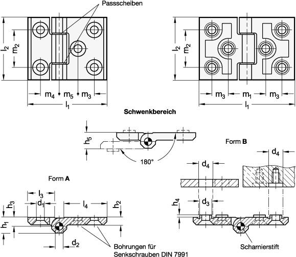 Schwerlastscharnier 120 x 60, Form A -mit Bohrungen für Senk