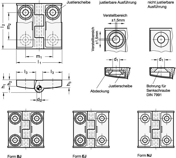 SCHARNIER, BEIDSEITIG JUSTIERBAR, MIT ABDECKUNG