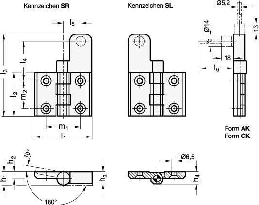 Schaltscharniere, SL - Bohrungen für Senkschraube, Schalter