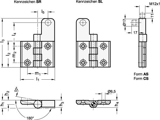 Schaltscharniere, SL - Bohrungen für Senkschraube, Schalter