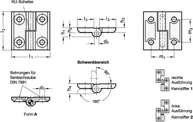 Scharnier 40x40, 2x2 Bohrungen f. Senkschrauben, festes Lage