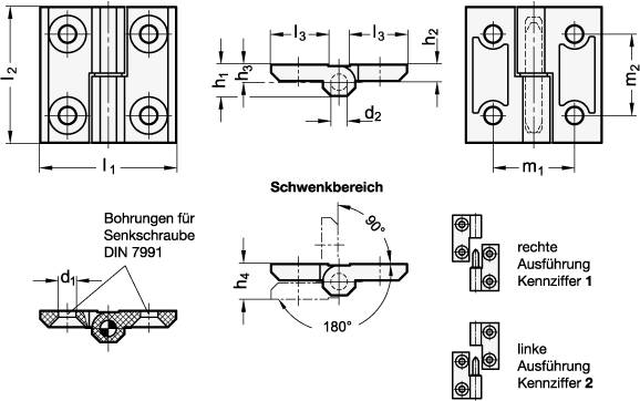 Scharnier 40 x 40 aushängbar, Form A - 2x2 Bohrungen für Sen
