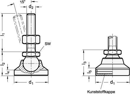 Gelenkfuß 25, M8 x 40, Form KR - mit Kunststoffkappe, rutsch