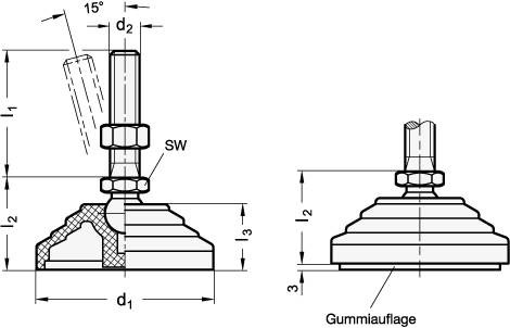 EDELSTAHL-GELENKFUSS OHNE MUTTER, MIT GUMMIAUFLAGE