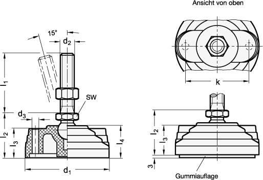 EDELSTAHL-GELENKFUSS MIT MUTTER, OHNE GUMMIAUFL.