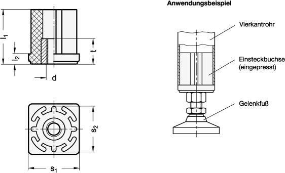 Einsteckbuchse für Vierkantrohr 40 x 36, M16, Kunststoff, Bu