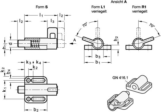 Federriegel Ø 6 mm, Breite 38 mm, Form S - ohne Verriegelung