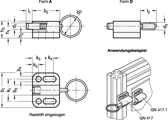 Rastbolzen 5, Form A ohne Rastsperre, mit Zugring, Stahl