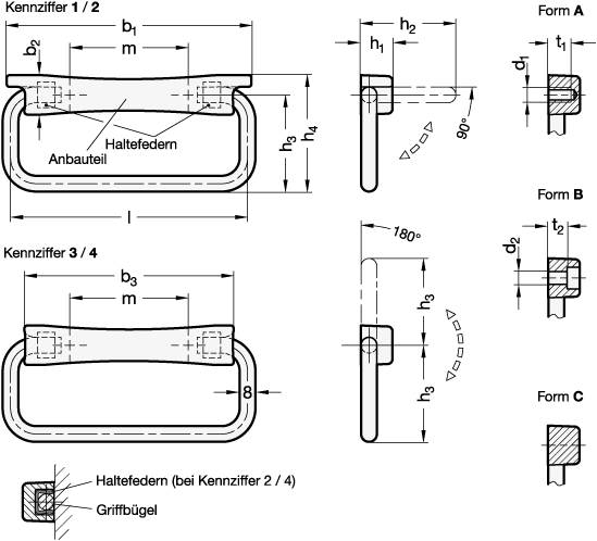 Edelstahl- Klappgriffe 120 mm, Form B, 180° klappbar, matt g