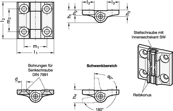 Scharnier 60x60, 2x2 Bohrungen f. Senkschrauben, mit einstel