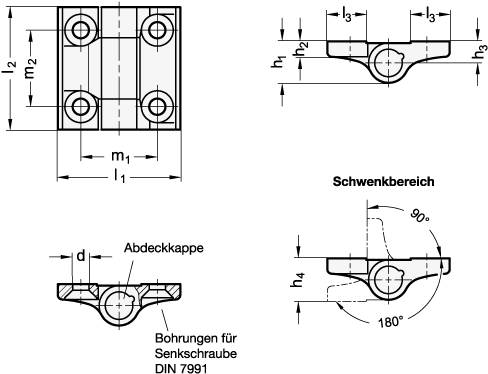 Scharnier 60 x 60, Form A - 2x2 Bohrungen f. Senkschrauben,