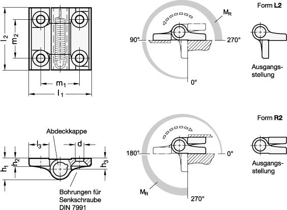 Scharnier 60 x 60, Form L2 - Federrückstellung, schließend,