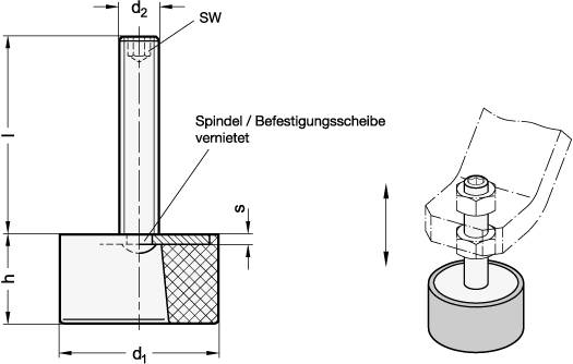 STELLFUß MIT GUMMIAUFLAGE, EDELSTAHL