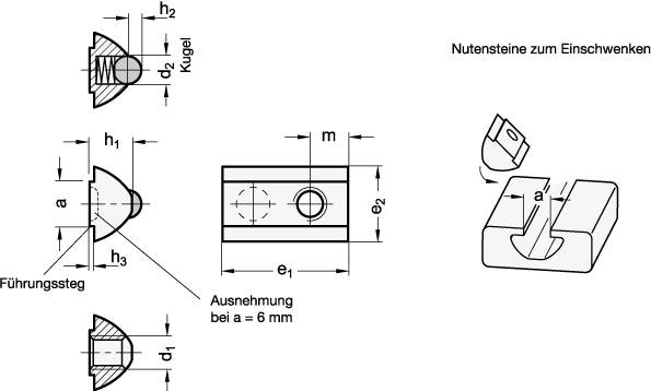 Muttern für T-Nuten, Nutenbreite 6 mm, Gewinde M5, Stahl ver