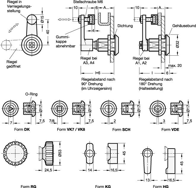 Dreh-Spannriegel, Klemmbereich A3 21-31 mm, KG - mit Knebel