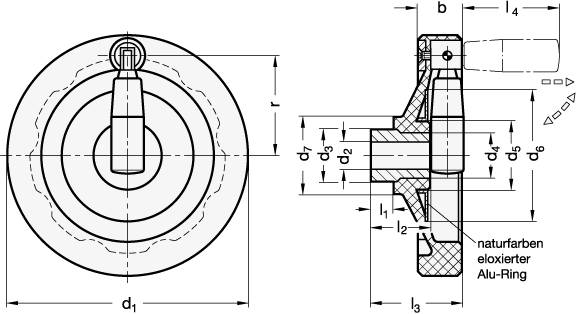 Umleggriff-Handräder 100 mm, B10, Form D - mit drehbarem Uml