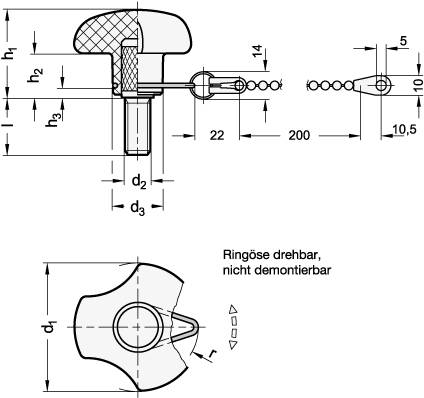 DREISTERNGRIFF MIT VERLIERSICHERUNG, EDELSTAHL