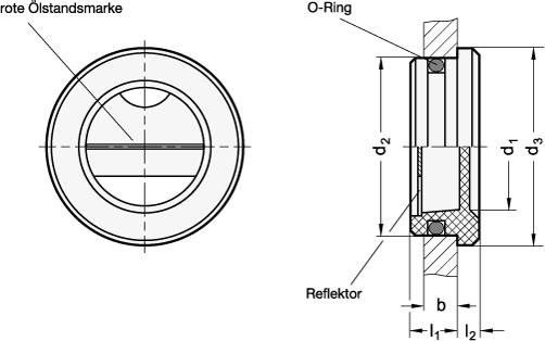 Ölschauglas 12 x 20 zum einpressen, Form A - mit Reflektor,