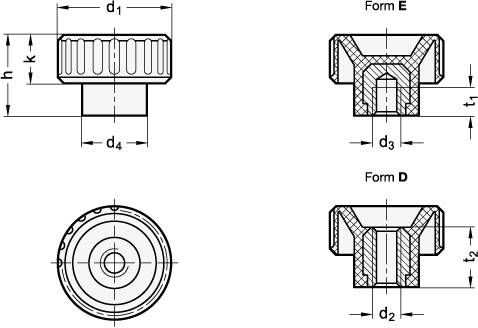Rändelmutter M5 x 16, mit Gewinde-Durchloch