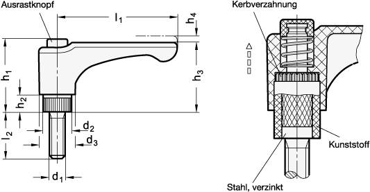 Flache Verstellbare Klemmhebel 63, M6 x 30, mit Ausrastknopf
