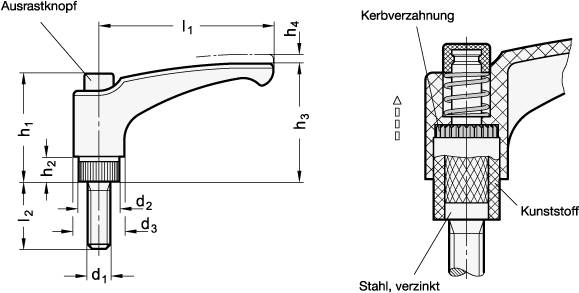 Klemmhebel 63, M6 x 20 Außengewinde, mit Ausrastknopf, Therm