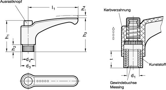 KLEMMHEBEL, AUSRASTKNOPF SCHWARZGRAU