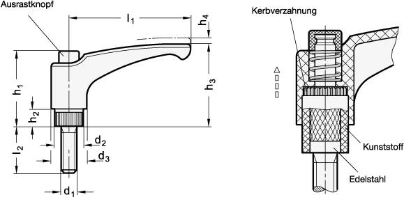 Klemmhebel 44, M5 x 10, mit Außengewinde Edelstahl, mit Ausr