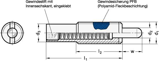 Federnde Druckstücke M16, 15 mm Federweg, verstärkter Federd