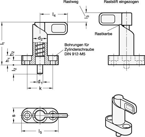 Rastriegel Ø 6 x 10 mm, mit Anschraubflansch, schwarz