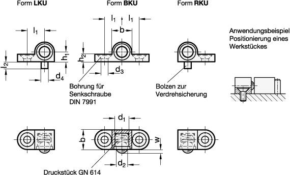 Seitendruckstücke Ø 6, Befestigung beidseitig