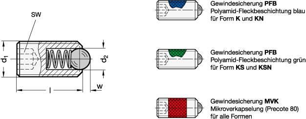 Federnde Druckstücke M8 mit Gewindesicherung PFB, Standard F